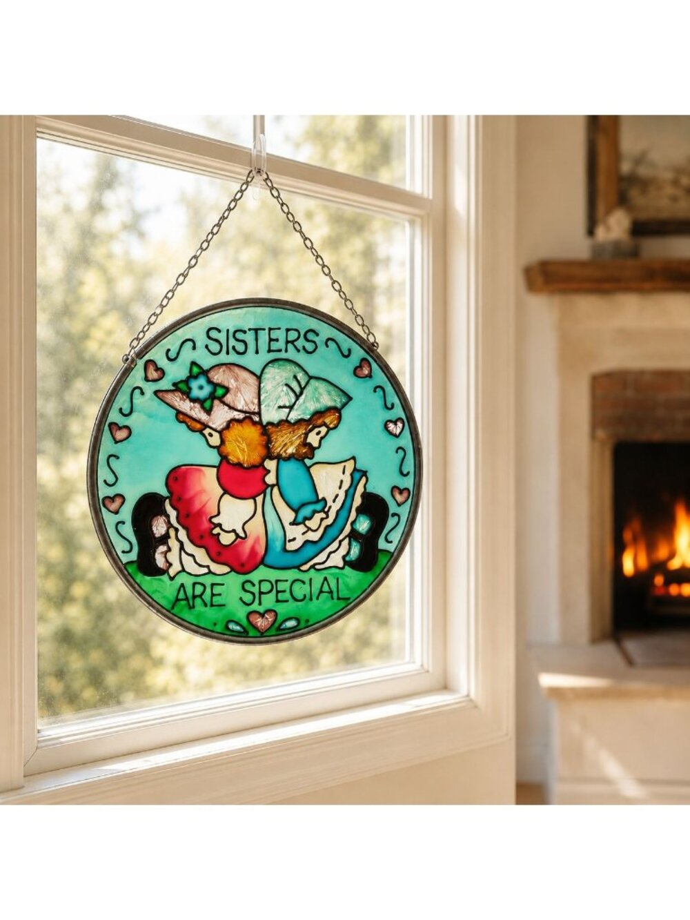 Sisters Are Special by Joan Baker Stained Glass Round Hanging 4.5"